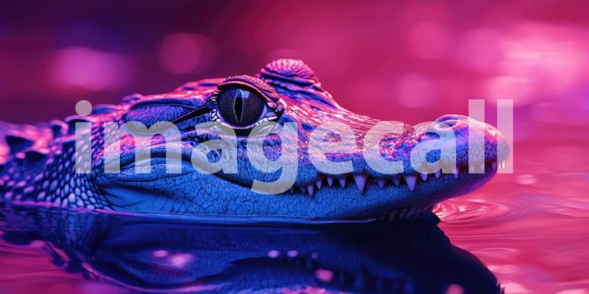 Close-up of a Crocodile Head in Water with Pink and Purple Neon Lighting