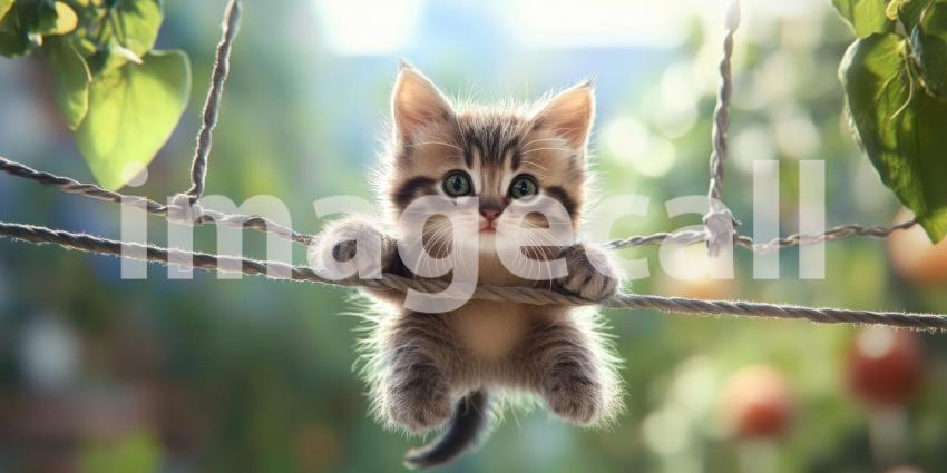 Cute Fluffy Kitten Hanging Onto Two Ropes with Bokeh Lights in the Background