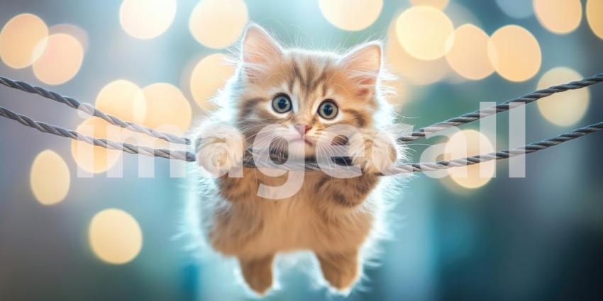 Cute Fluffy Kitten Hanging Onto Two Ropes with Bokeh Lights in the Background