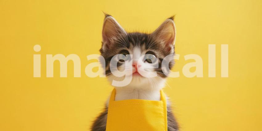 Kitten Wearing a Yellow Apron Against a Bright Yellow Background