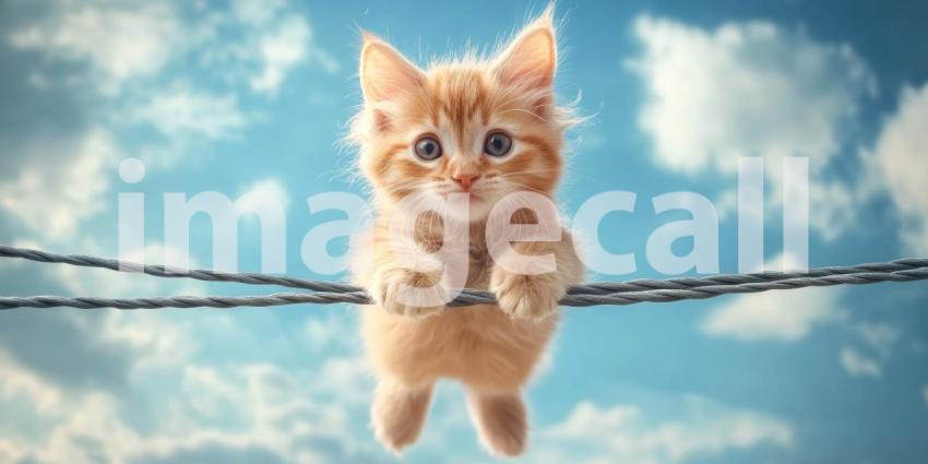 Cute Fluffy Kitten Hanging Onto Two Ropes with Bokeh Lights in the Background