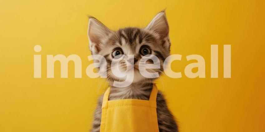 Kitten Wearing a Yellow Apron Against a Bright Yellow Background