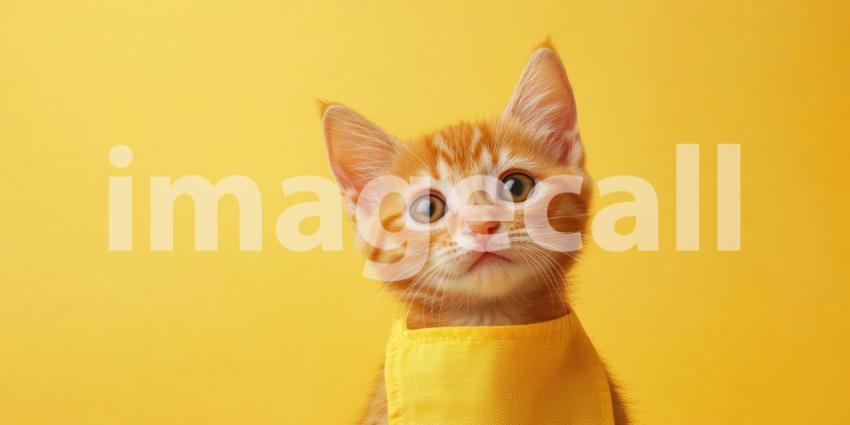 Kitten Wearing a Yellow Apron Against a Bright Yellow Background