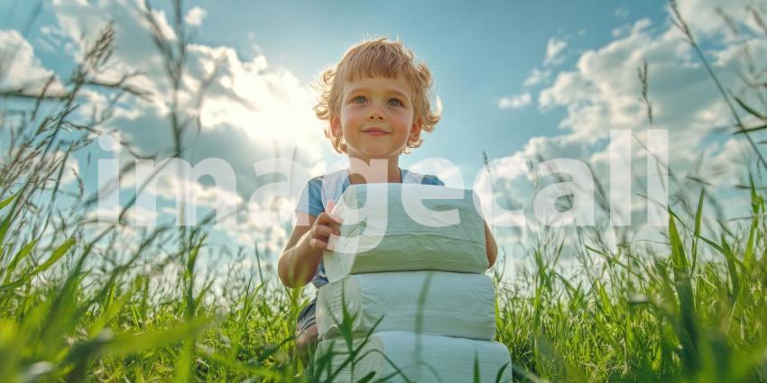 Young boy with white tissue papers in the field during sunset