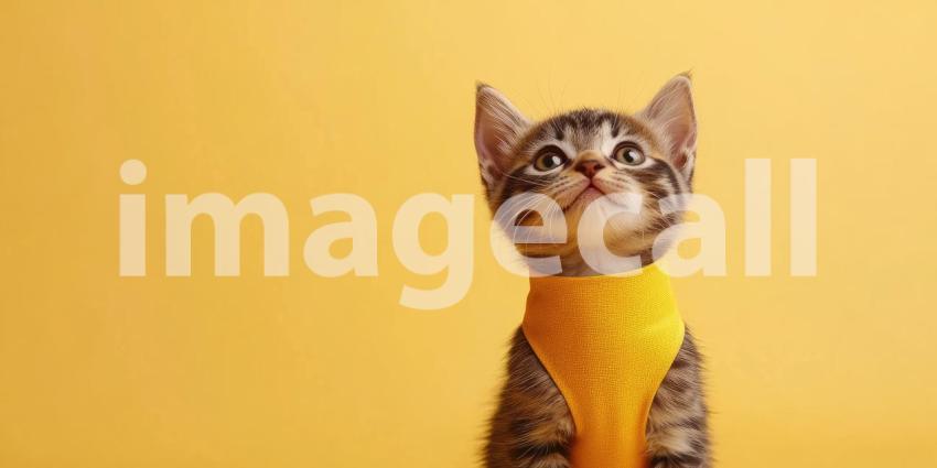Kitten Wearing a Yellow Apron Against a Bright Yellow Background