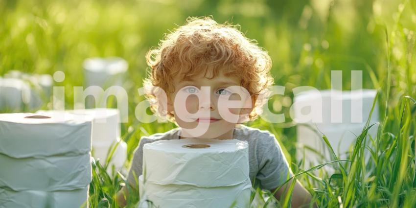Young boy with white tissue papers in the field during sunset