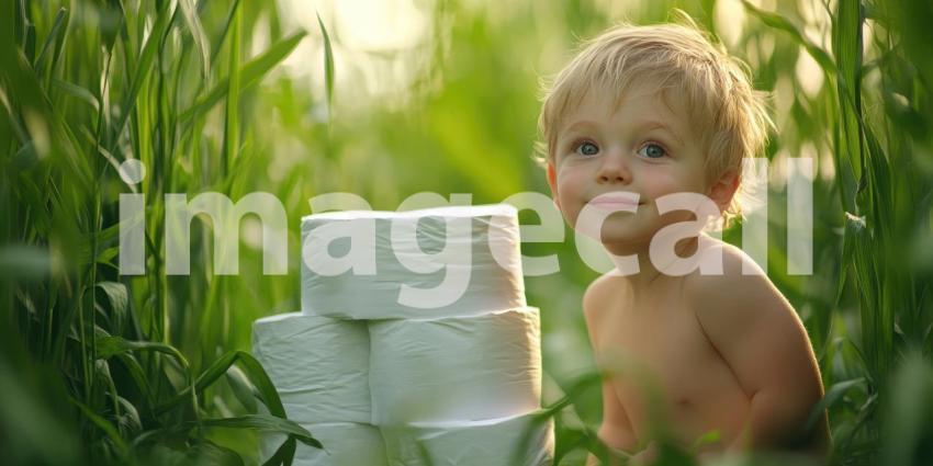 Young boy with white tissue papers in the field during sunset