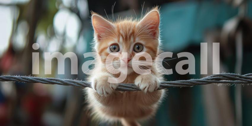 Cute Fluffy Kitten Hanging Onto Two Ropes with Bokeh Lights in the Background
