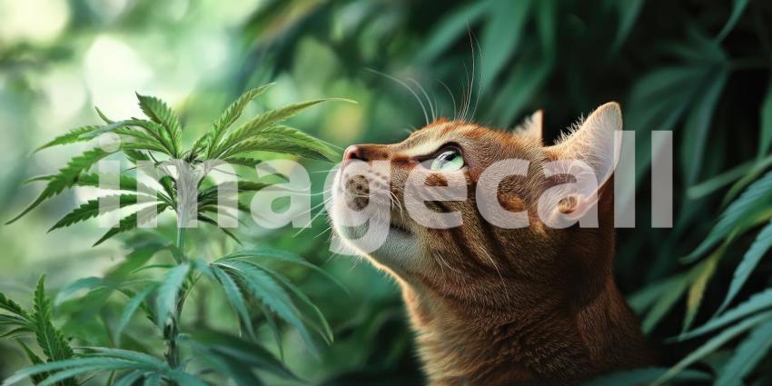 Cat Sniffing a Cannabis Leaf in a Lush Green Environment