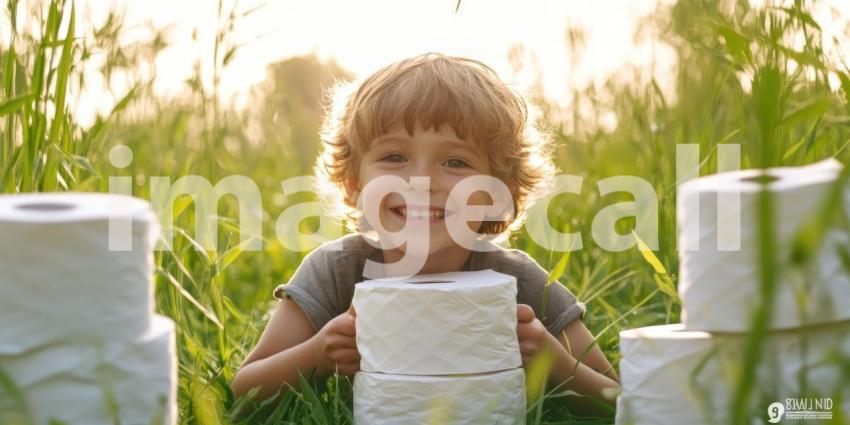 Young boy with white tissue papers in the field during sunset