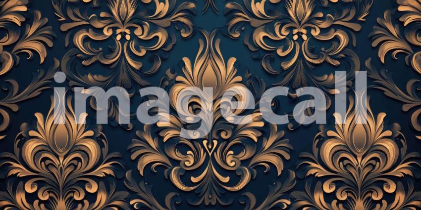 Dark Blue Background with Ornate Gold Floral Pattern, Vintage Damask Style Texture