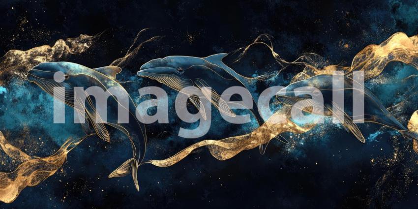 Two Whales Swimming in Abstract Dark Blue Sea with Gold Lines and Glittering Accents