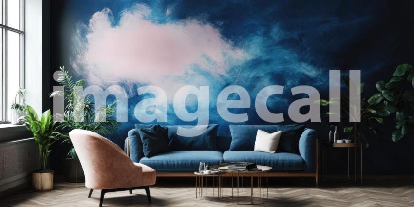 Modern Living Room with Dark Blue Velvet Sofa and Abstract Blue Wall Mural