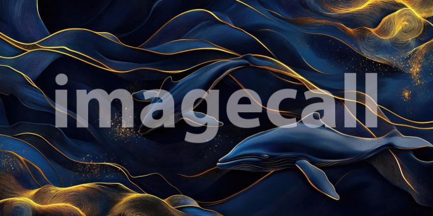 Two Whales Swimming in Abstract Dark Blue Sea with Gold Lines and Glittering Accents