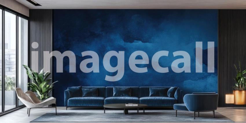 Modern Living Room with Dark Blue Velvet Sofa and Abstract Blue Wall Mural