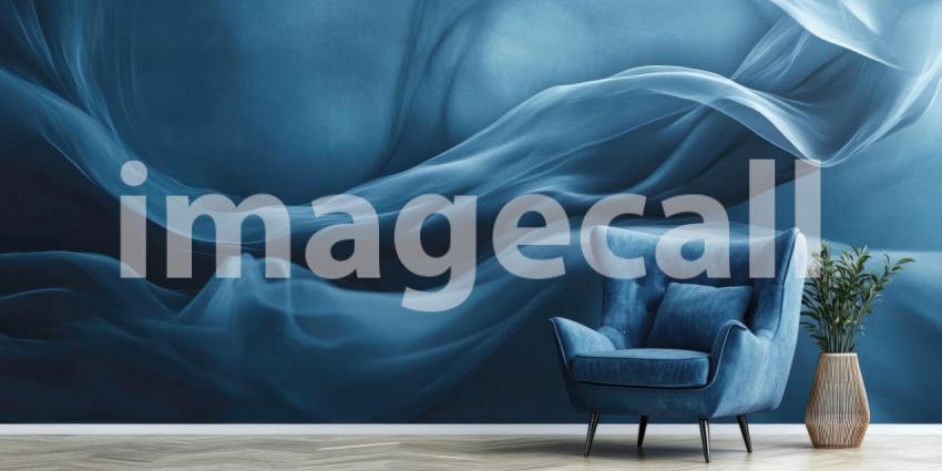 Modern Living Room with Dark Blue Velvet Sofa and Abstract Blue Wall Mural