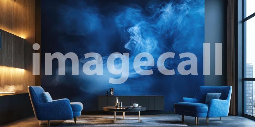 Modern Living Room with Dark Blue Velvet Sofa and Abstract Blue Wall Mural