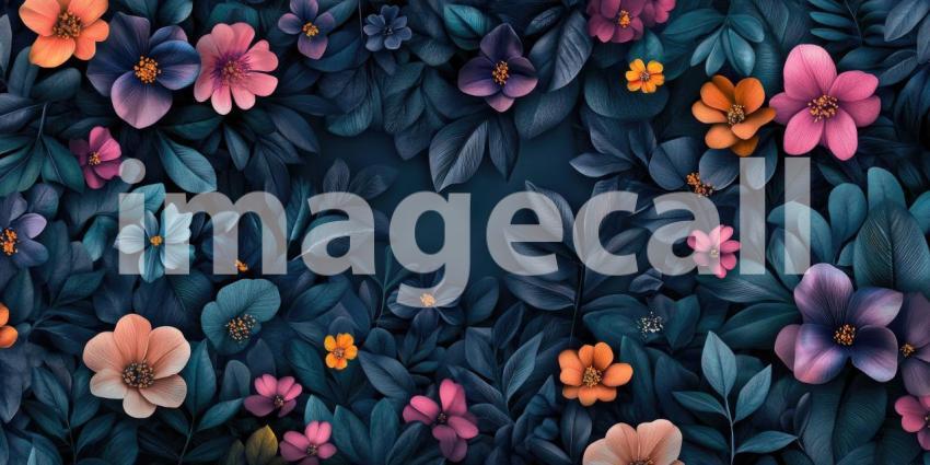 Floral Pattern with Dark Leaves and Vibrant Orange, Red, and Yellow Flowers on a Dark Background