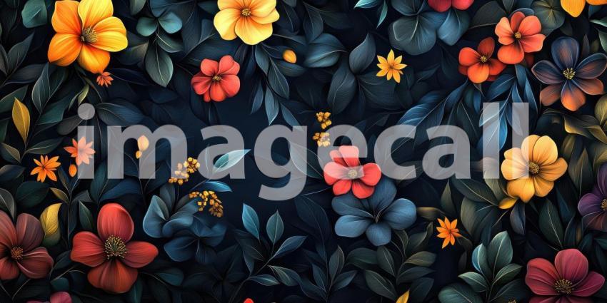 Floral Pattern with Dark Leaves and Vibrant Orange, Red, and Yellow Flowers on a Dark Background