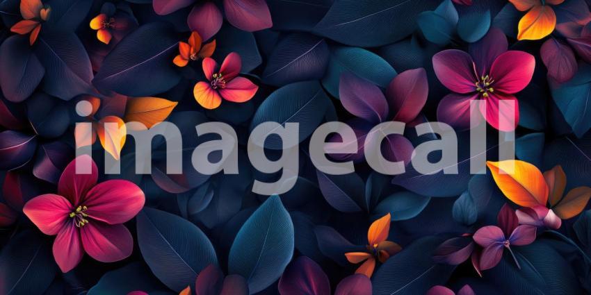 Floral Pattern with Dark Leaves and Vibrant Orange, Red, and Yellow Flowers on a Dark Background