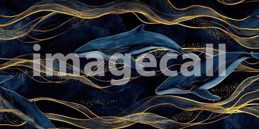 Two Whales Swimming in Abstract Dark Blue Sea with Gold Lines and Glittering Accents