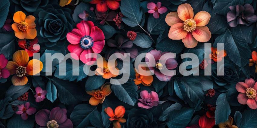 Floral Pattern with Dark Leaves and Vibrant Orange, Red, and Yellow Flowers on a Dark Background