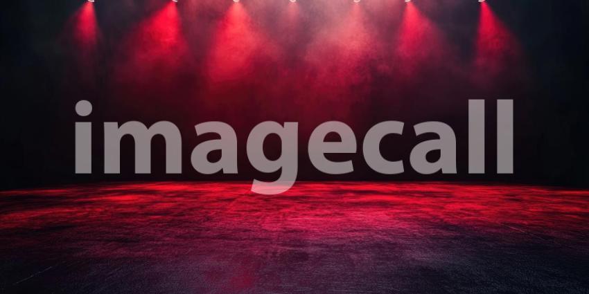 Empty Stage with Red Lights and Dark Curtains, Ready for a Performance