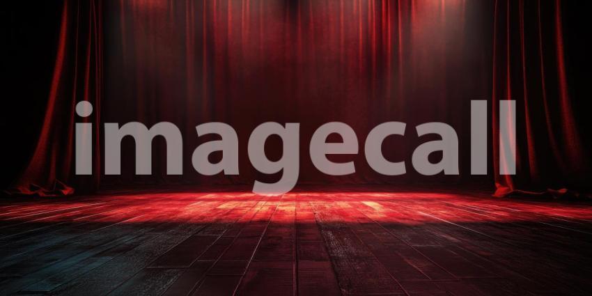 Empty Stage with Red Lights and Dark Curtains, Ready for a Performance