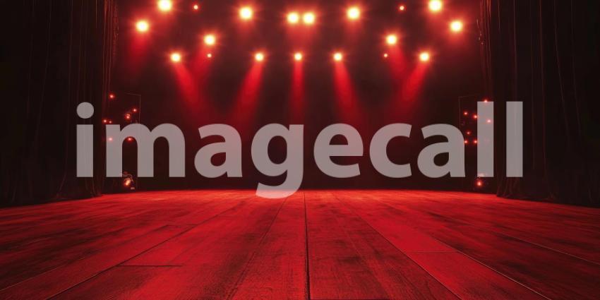 Empty Stage with Red Lights and Dark Curtains, Ready for a Performance