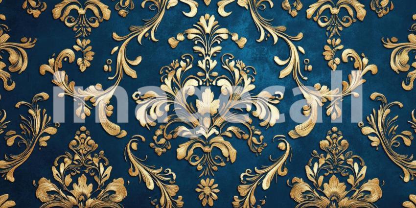 Dark Blue Background with Ornate Gold Floral Pattern, Vintage Damask Style Texture
