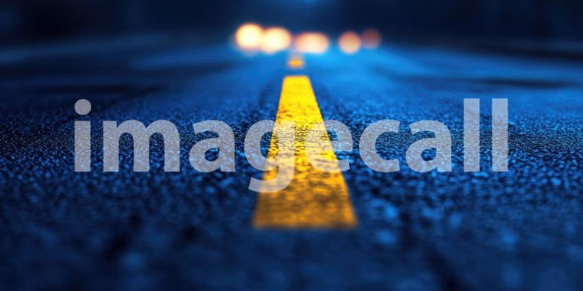 Close-up of a Yellow Line on a Dark Blue Asphalt Road at Night