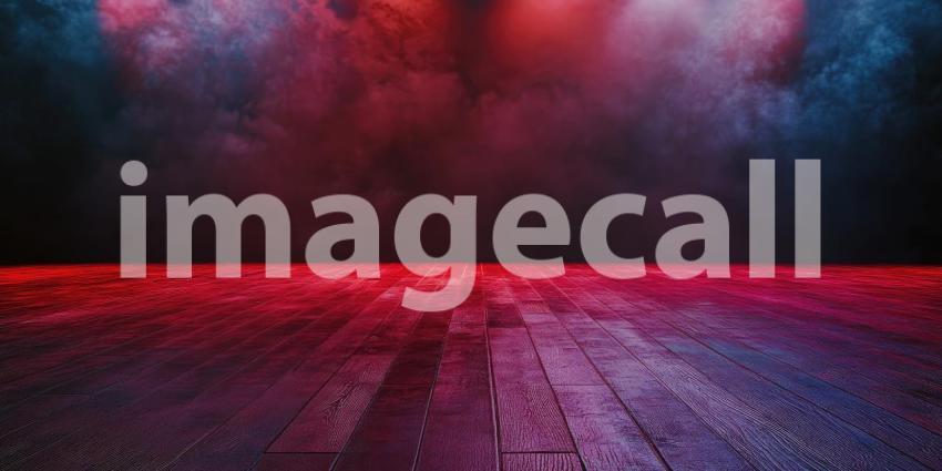 Empty Stage with Red Lights and Dark Curtains, Ready for a Performance