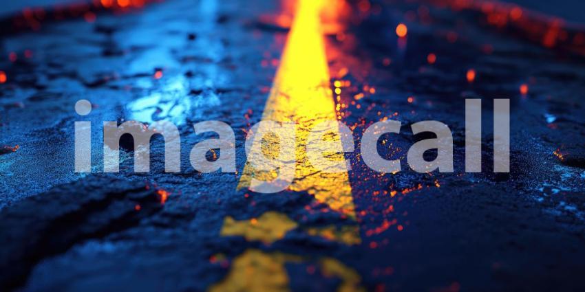 Close-up of a Yellow Line on a Dark Blue Asphalt Road at Night