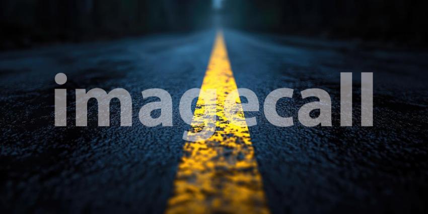 Close-up of a Yellow Line on a Dark Blue Asphalt Road at Night