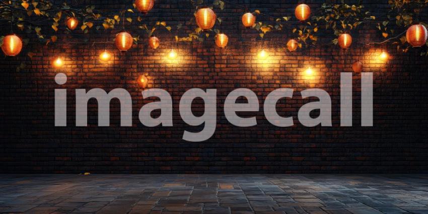 Dark Brick Wall with Glowing Lanterns Hanging Above, Rustic Outdoor Setting with Stone Floor