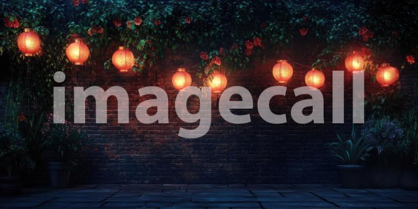 Dark Brick Wall with Glowing Lanterns Hanging Above, Rustic Outdoor Setting with Stone Floor