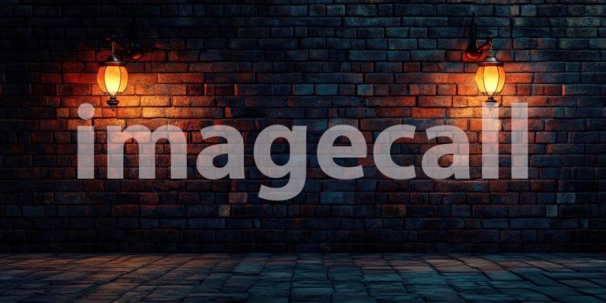 Dark Brick Wall with Glowing Lanterns Hanging Above, Rustic Outdoor Setting with Stone Floor