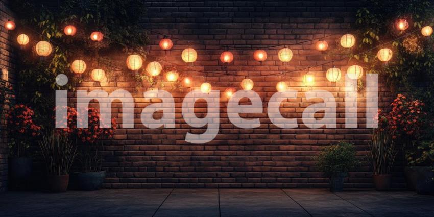 Dark Brick Wall with Glowing Lanterns Hanging Above, Rustic Outdoor Setting with Stone Floor