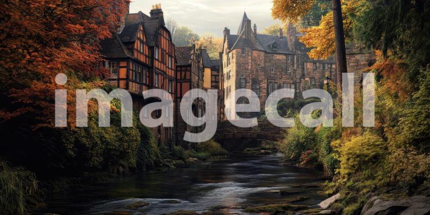 Old Stone Village with River, Bridge, and Lush Green Trees, Fairytale Landscape