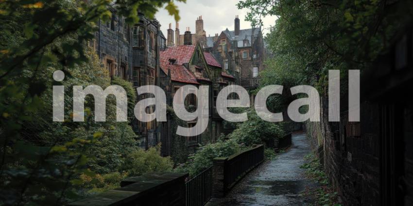 Old Stone Village with River, Bridge, and Lush Green Trees, Fairytale Landscape