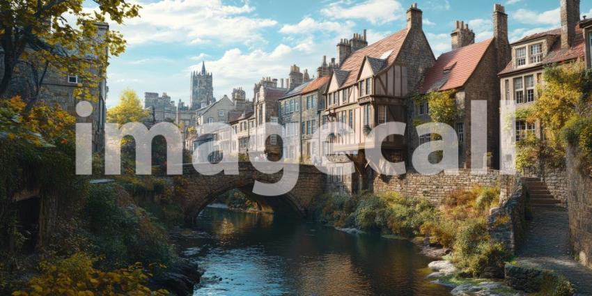 Old Stone Village with River, Bridge, and Lush Green Trees, Fairytale Landscape