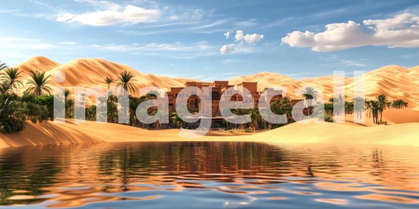 Luxury Desert Oasis with Palace, Palm Trees, and Blue Water Pool in Sunny Landscape