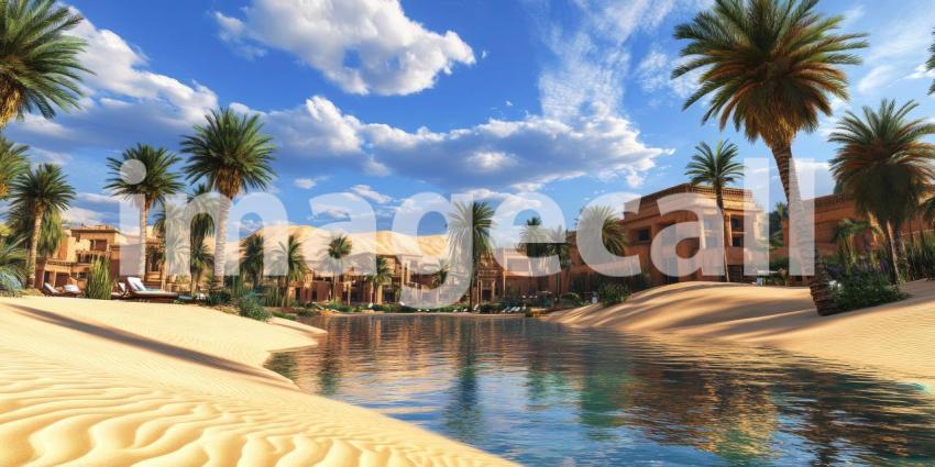 Luxury Desert Oasis with Palace, Palm Trees, and Blue Water Pool in Sunny Landscape