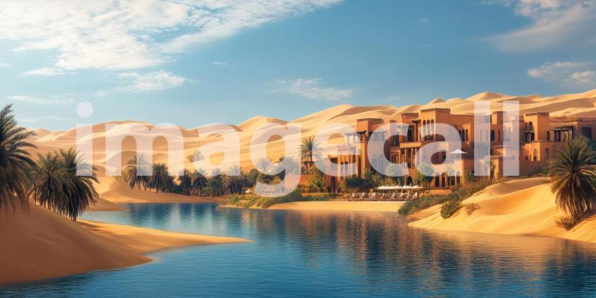 Luxury Desert Oasis with Palace, Palm Trees, and Blue Water Pool in Sunny Landscape