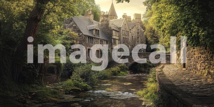 Old Stone Village with River, Bridge, and Lush Green Trees, Fairytale Landscape