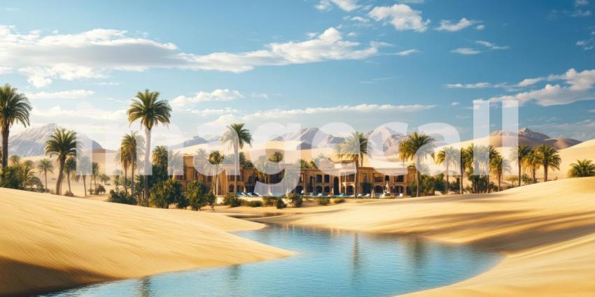Luxury Desert Oasis with Palace, Palm Trees, and Blue Water Pool in Sunny Landscape