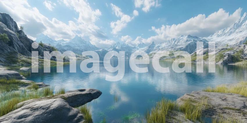 Tranquil Mountain Lake Surrounded by Lush Green Forest and Snow-Capped Peaks, Peaceful Nature Scene