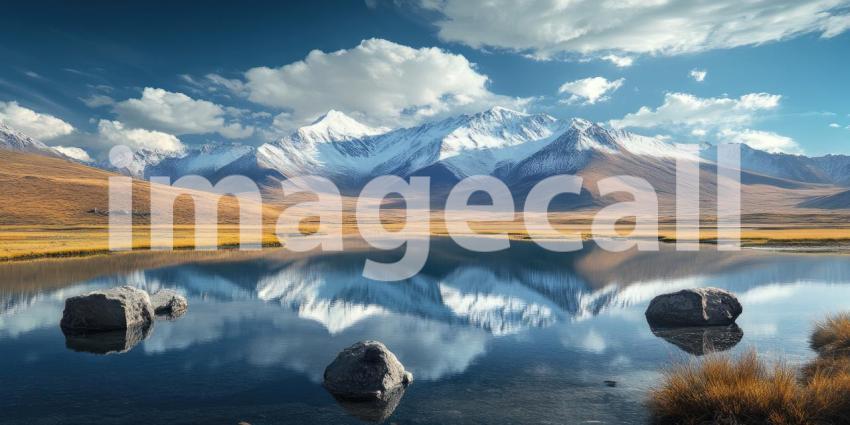 Tranquil Mountain Lake Surrounded by Lush Green Forest and Snow-Capped Peaks, Peaceful Nature Scene