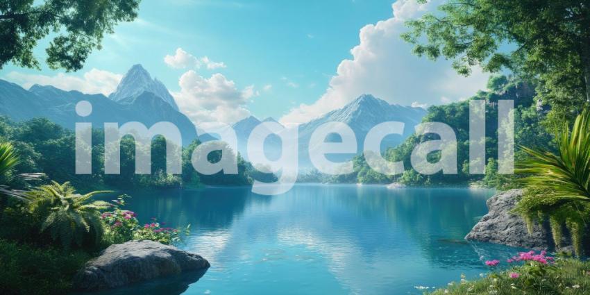 Tranquil Mountain Lake Surrounded by Lush Green Forest and Snow-Capped Peaks, Peaceful Nature Scene