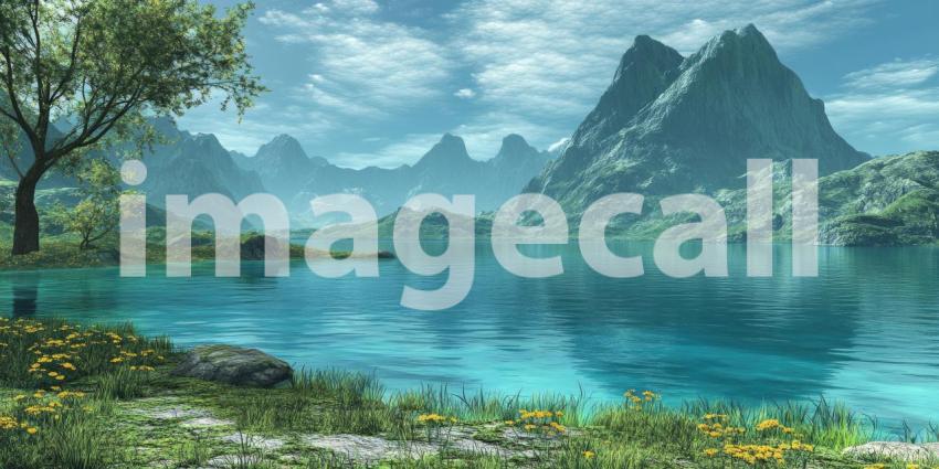 Tranquil Mountain Lake Surrounded by Lush Green Forest and Snow-Capped Peaks, Peaceful Nature Scene